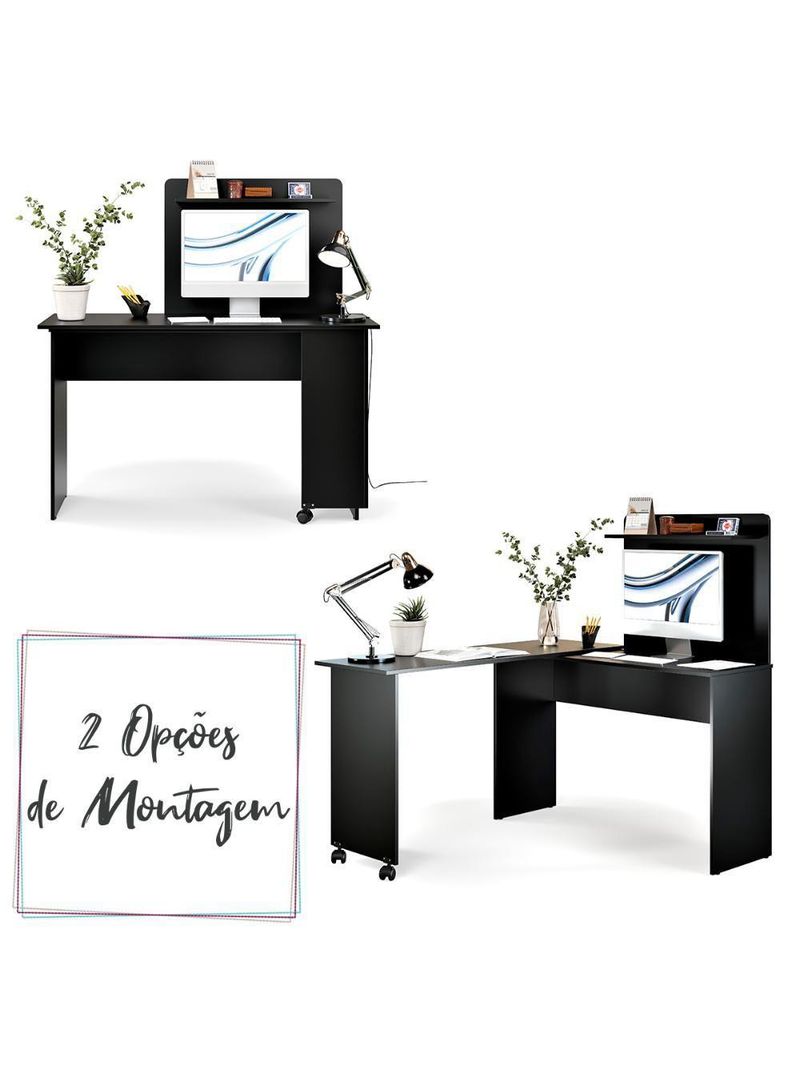 Escrivaninha Em L 2 Em 1 Com Rodízios E Prateleira Preto