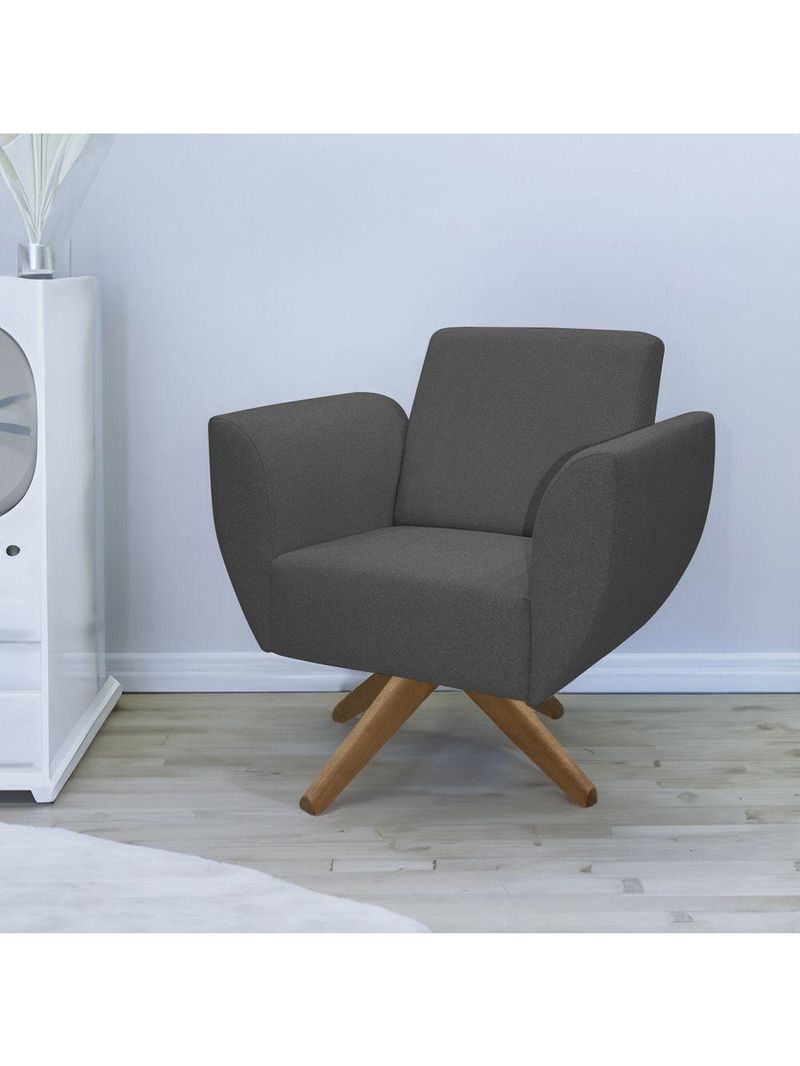 Poltrona Jolly Decorativa Com Base Madeira Em Tecido Boucle Chumbo