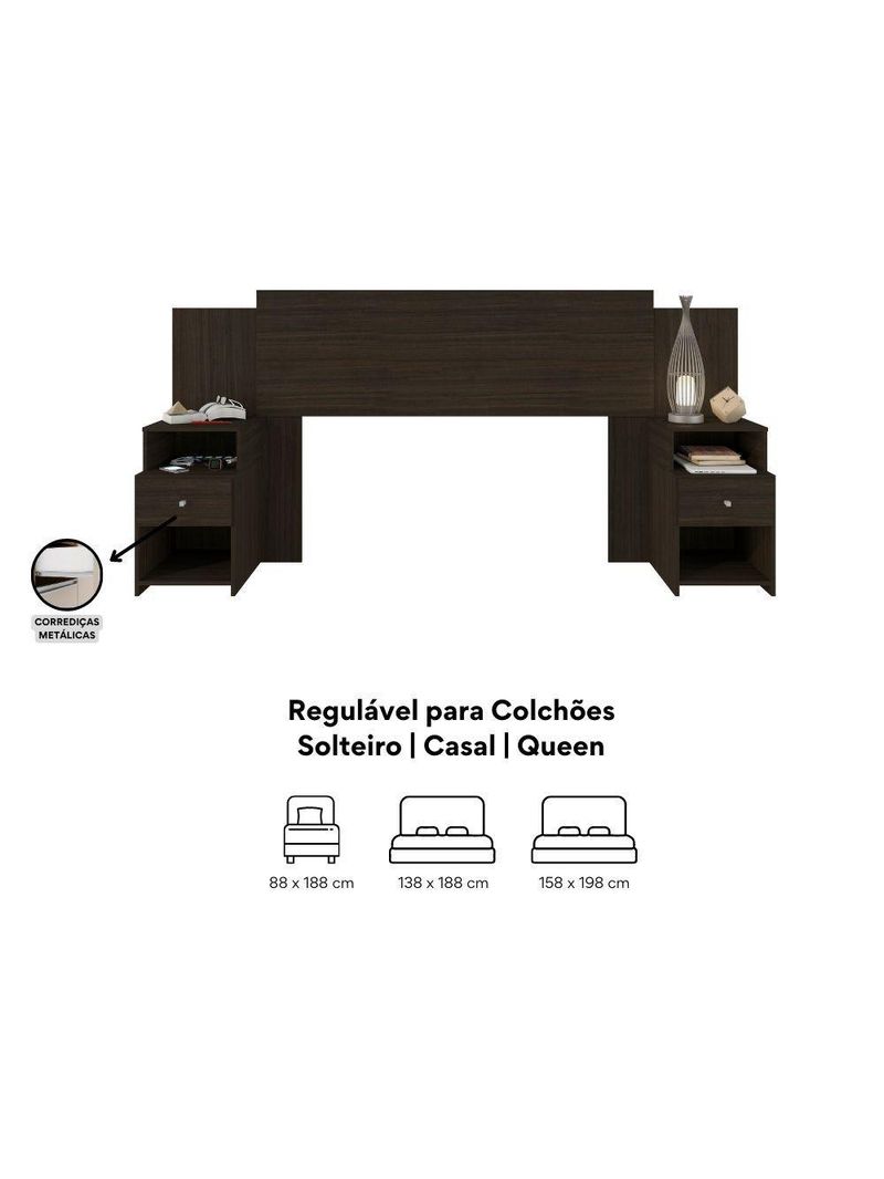 Cabeceira Extensível Cama Solteiro, Casal e Queen com Mesa de Cabeceira Maceió Amêndoa