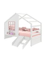 Cama Casinha Janela Escada Escorregador Madeira Branco-Rosa
