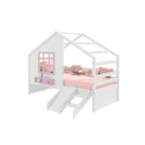 Cama Casinha Com Janela E Escada- Escorregador Madeira Maciça Branco- Rosa Housin