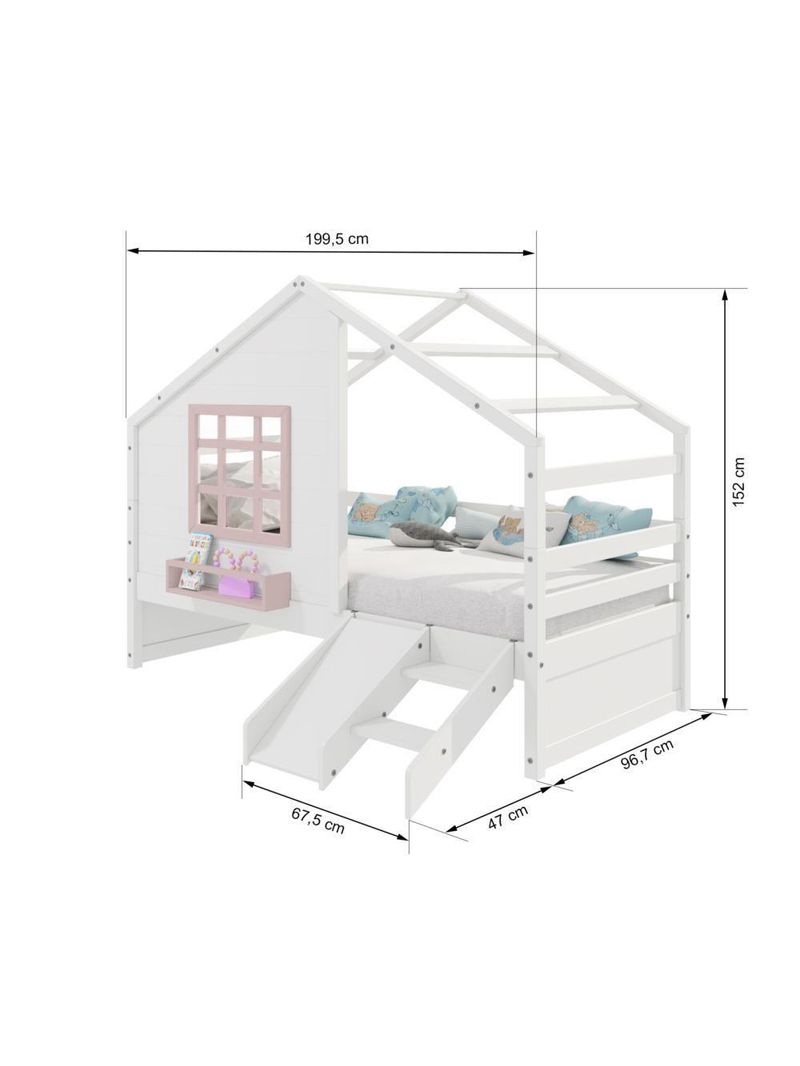 Cama Casinha Janela Escada Escorregador Madeira Branco-Rosa
