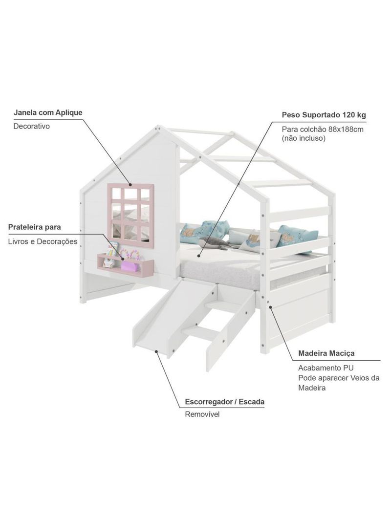 Cama Casinha Janela Escada Escorregador Madeira Branco-Rosa