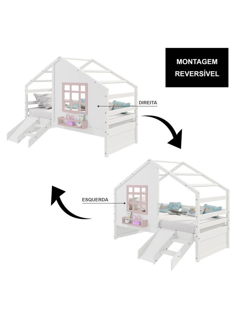 Cama Casinha Janela Escada Escorregador Madeira Branco-Rosa