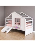 Cama Casinha Janela Escada Escorregador Madeira Branco-Rosa
