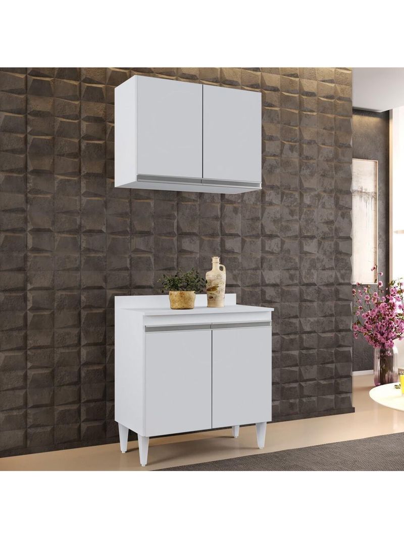 Armário Aéreo Califórnia e Balcão Hawai com Tampo 80cm Branco - Lumil