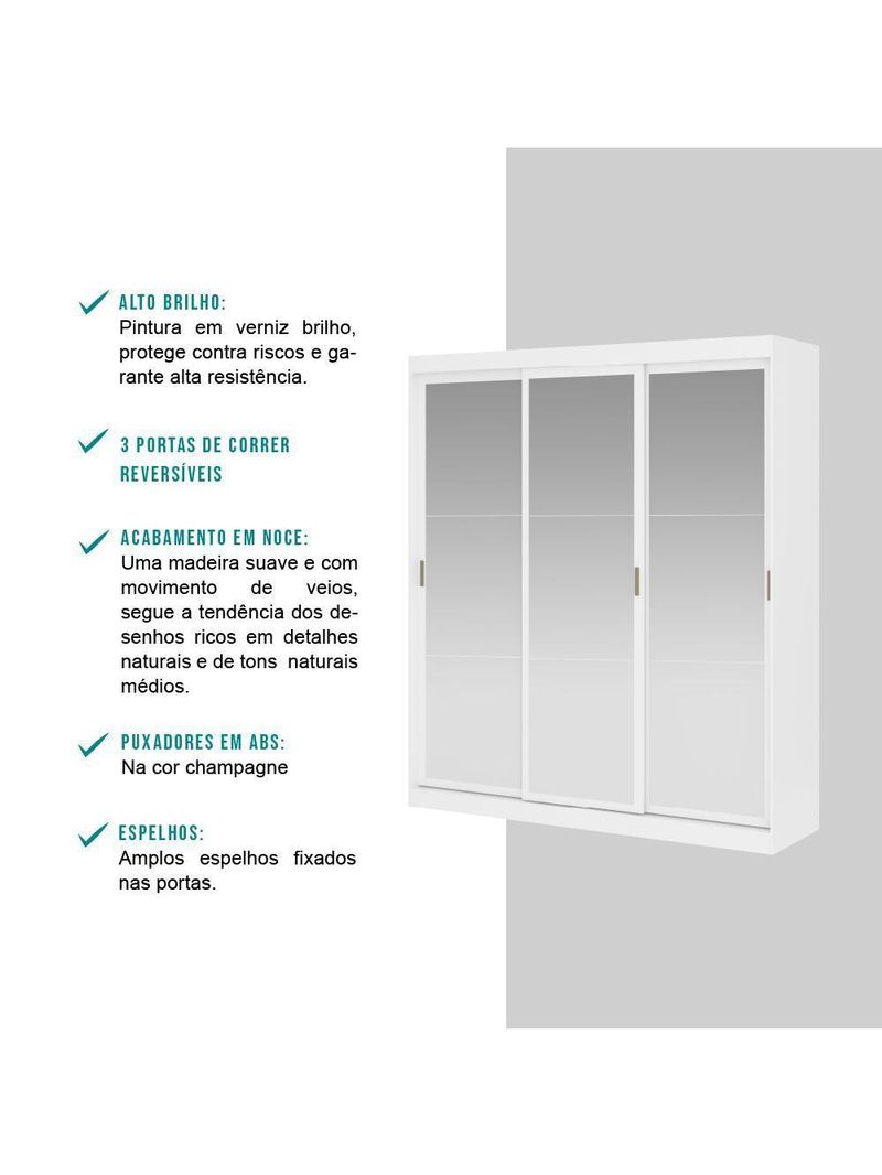Guarda Roupa Casal 3 Portas 4 Gav Espelho Branco Carraro 1144