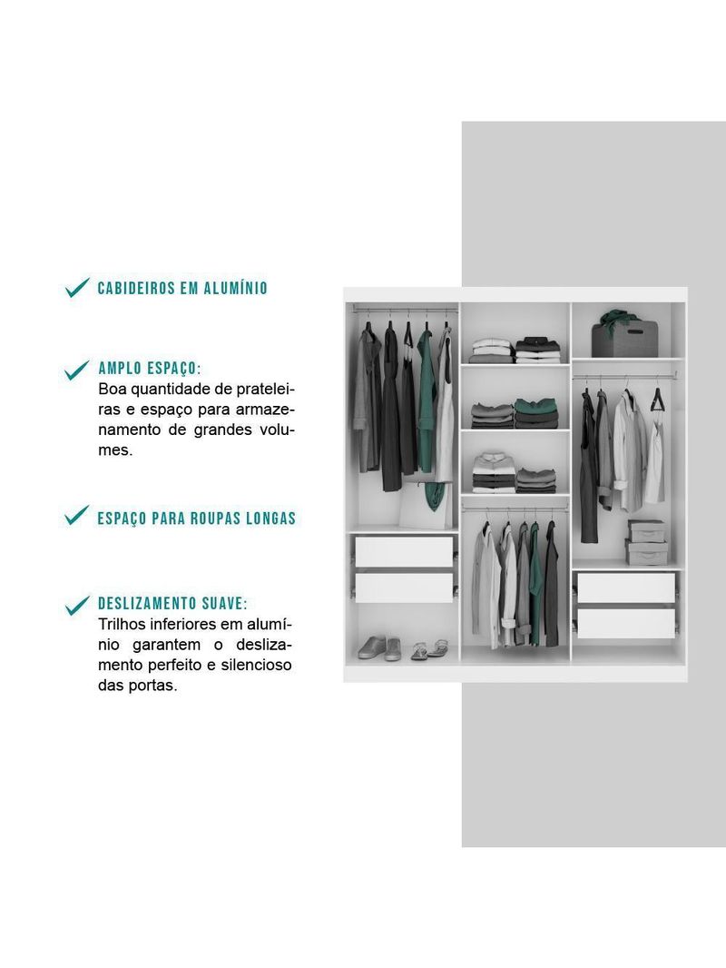 Guarda Roupa Casal 3 Portas 4 Gav Espelho Branco Carraro 1144
