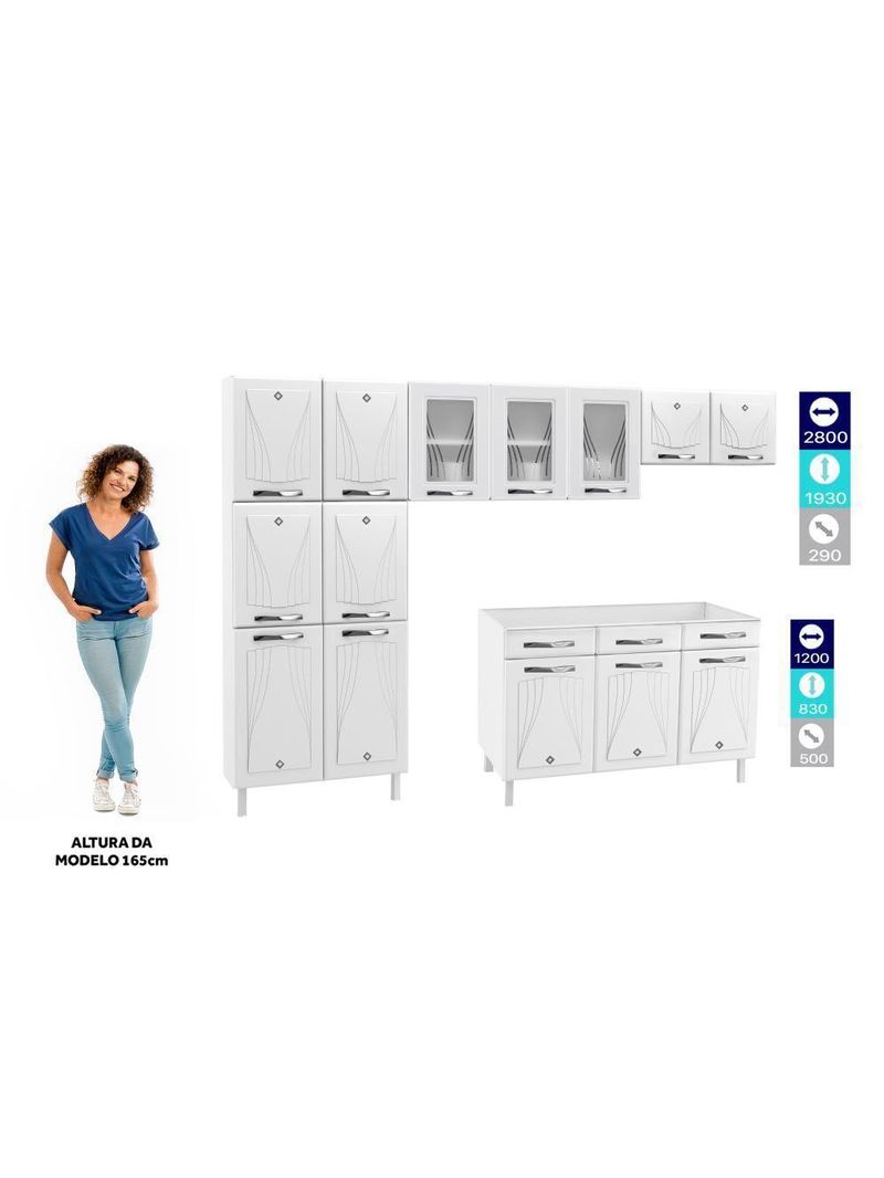 Cozinha de Aço Completa Telasul Star New Branco 3 Vidros Balcão para Pia