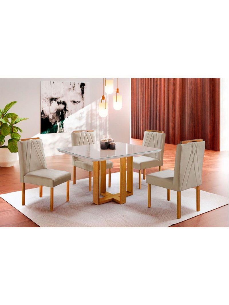 Conjunto Sala de Jantar 4 Lugares Paris Mesa Quadrada Veludo - Móveis Mix Mel / Off-White / Bege