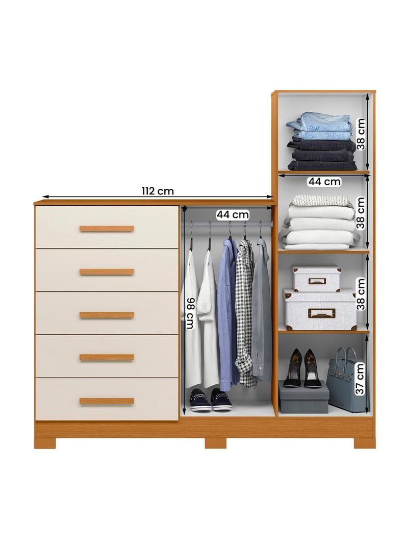 Cômoda New Master Quarto com 5 Gavetas 2 Portas e Espelho Cinamomo/Off White