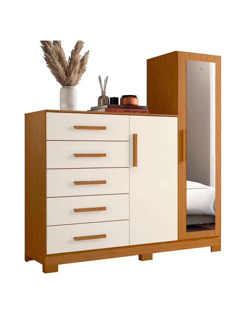 Cômoda New Master Quarto com 5 Gavetas 2 Portas e Espelho Cinamomo/Off White