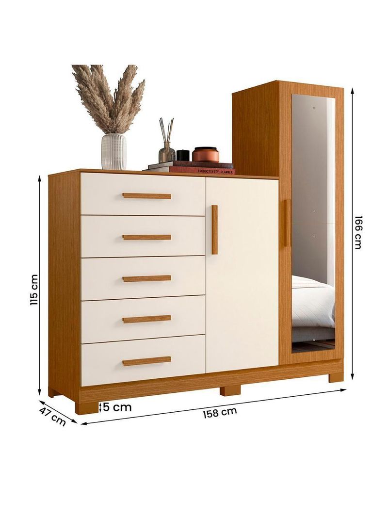 Cômoda New Master Quarto com 5 Gavetas 2 Portas e Espelho Cinamomo/Off White