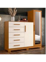 Cômoda New Master Quarto com 5 Gavetas 2 Portas e Espelho Cinamomo/Off White