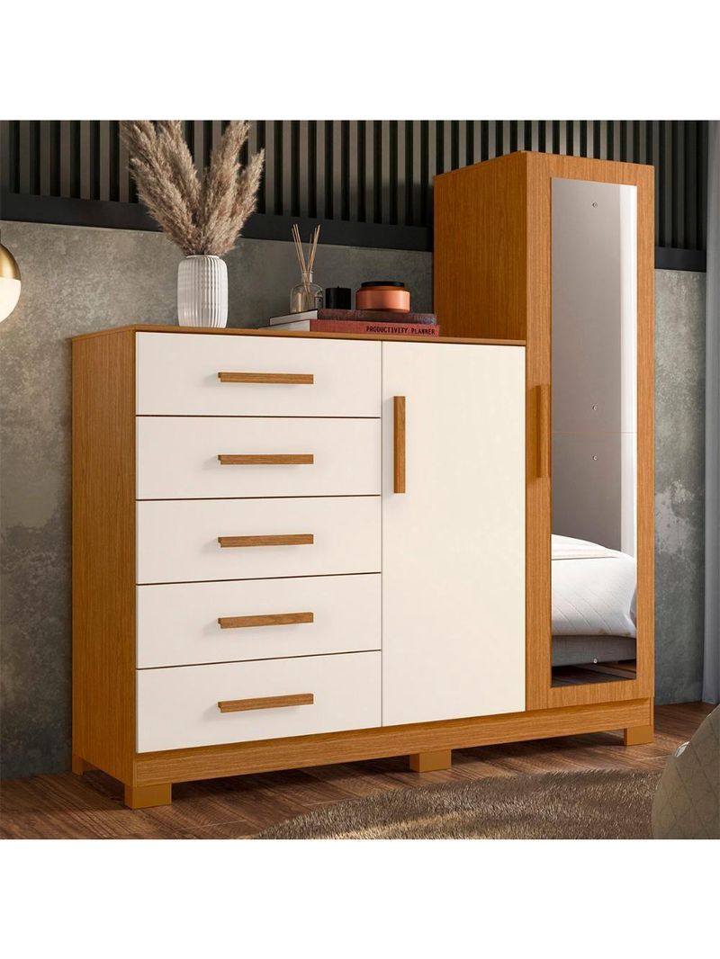 Cômoda New Master Quarto com 5 Gavetas 2 Portas e Espelho Cinamomo/Off White