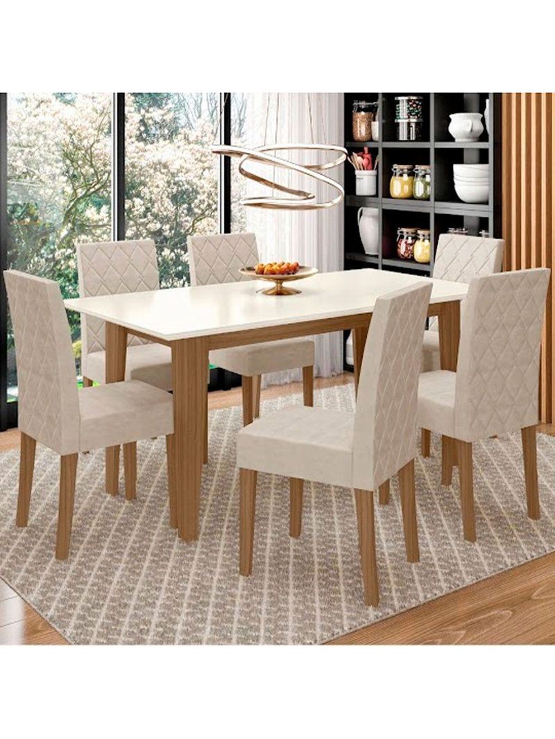 Conjunto Sala De Jantar Mesa Liz 6 Cadeiras Jade Poliman Carvalho Com Off White