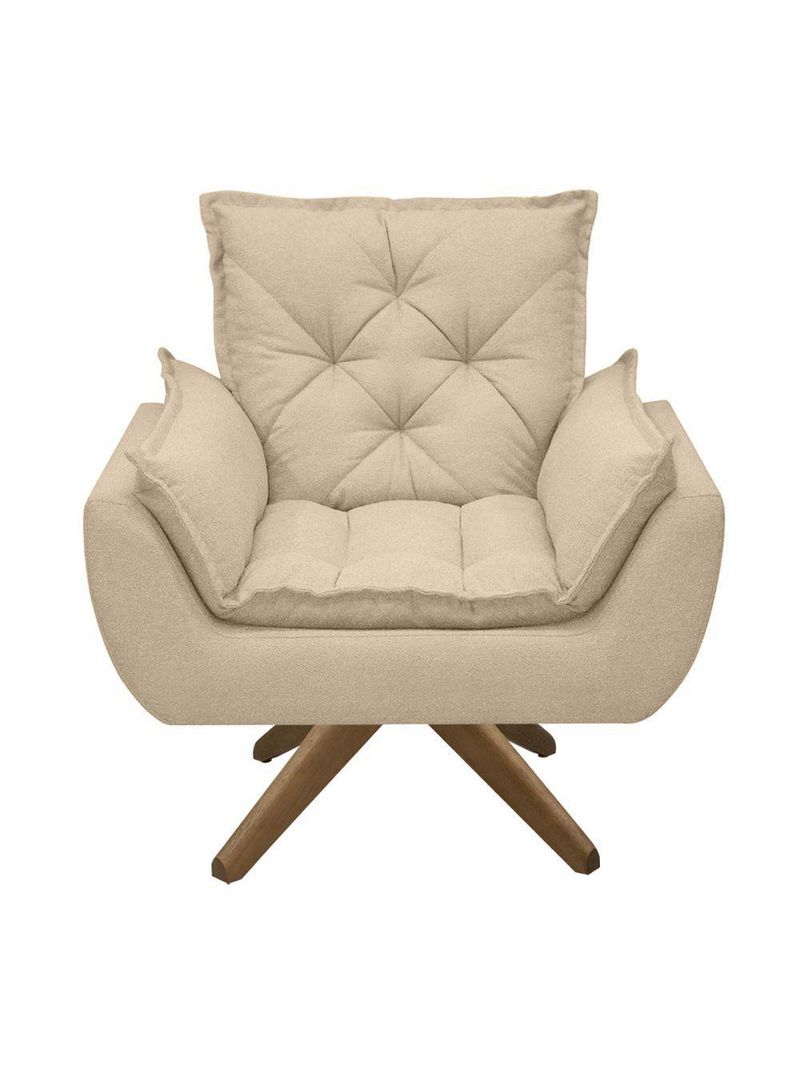 Poltrona Opala Conforto Base Giratória Madeira Tecido Boucle Areia