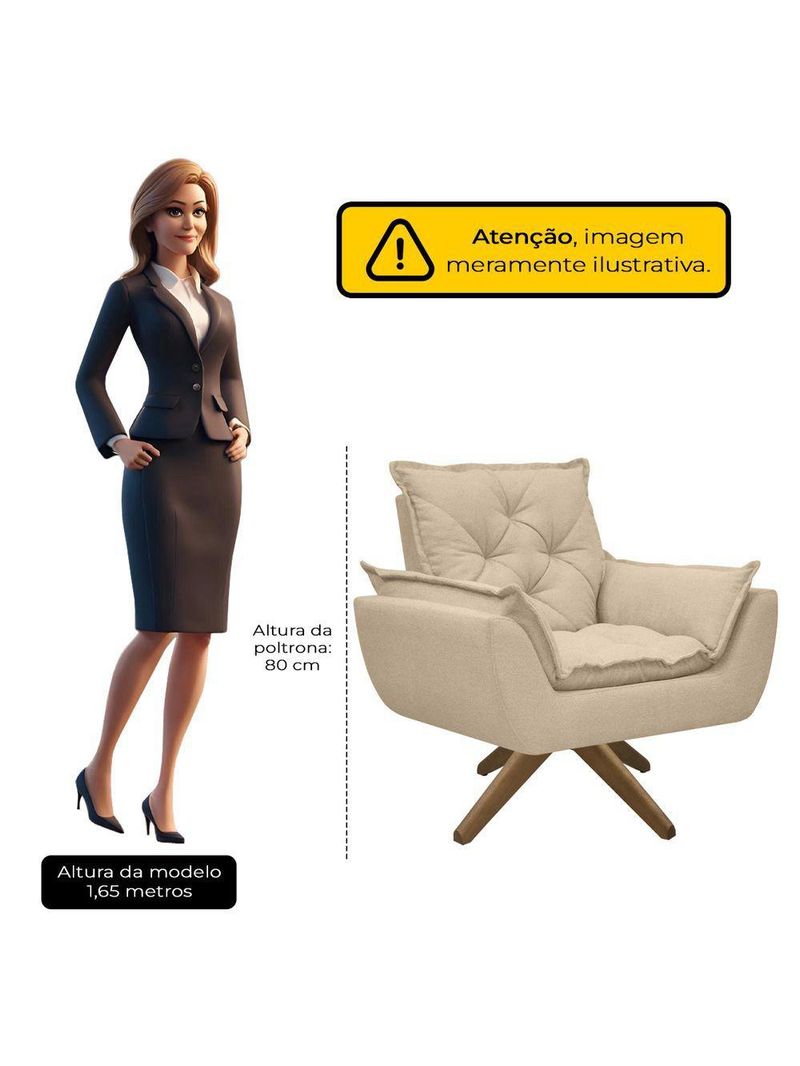 Poltrona Opala Conforto Base Giratória Madeira Tecido Boucle Areia