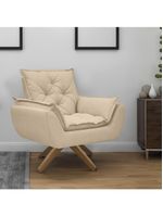 Poltrona Opala Conforto Base Giratória Madeira Tecido Boucle Areia