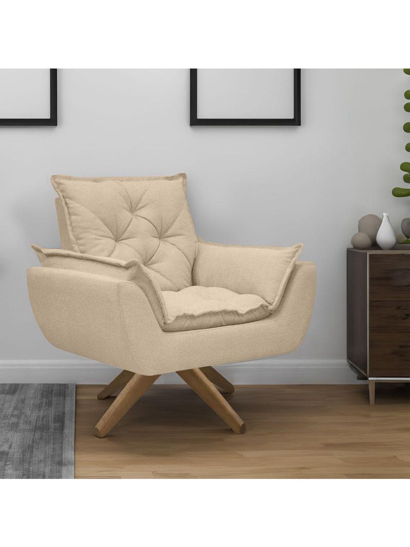 Poltrona Opala Conforto Base Giratória Madeira Tecido Boucle Areia