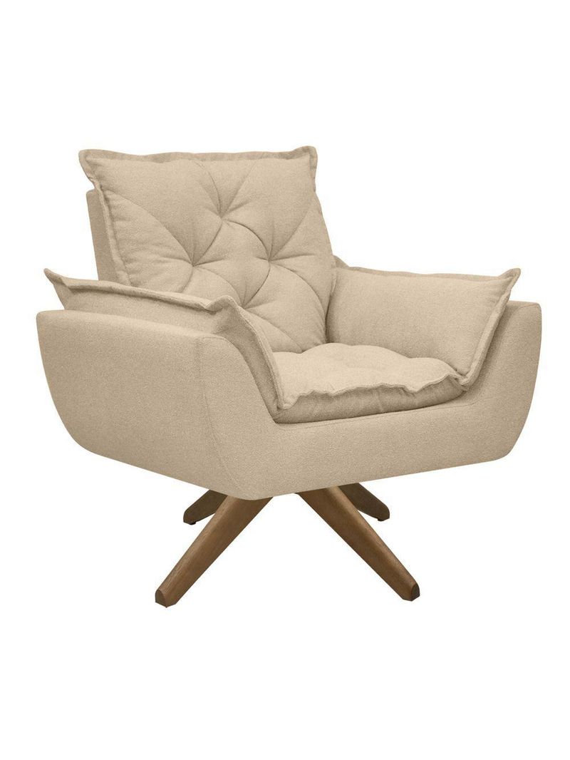 Poltrona Opala Conforto Base Giratória Madeira Tecido Boucle Areia
