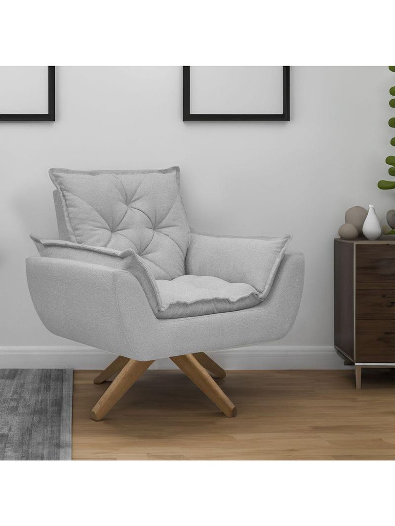 Poltrona Opala Conforto Base Giratória Madeira Tecido Boucle Cinza Escuro