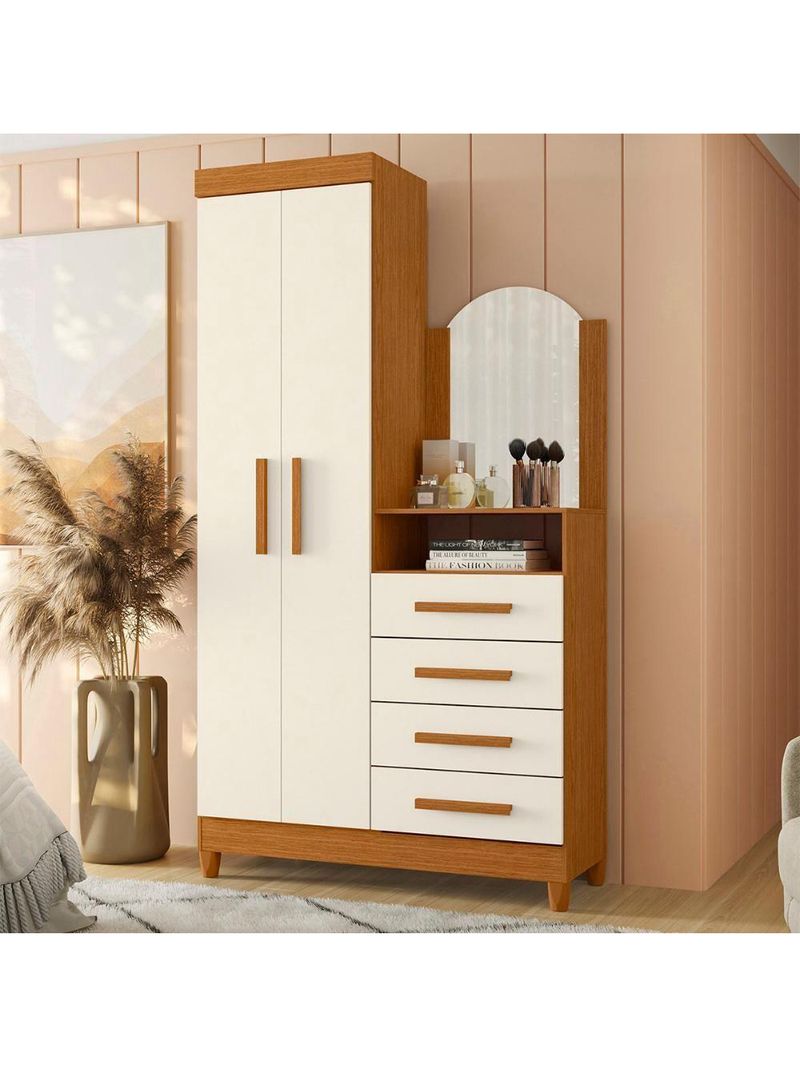 Guarda Roupa Cômoda Capri 2 Portas 4 Gavetas e Espelho Cinamomo/Off White