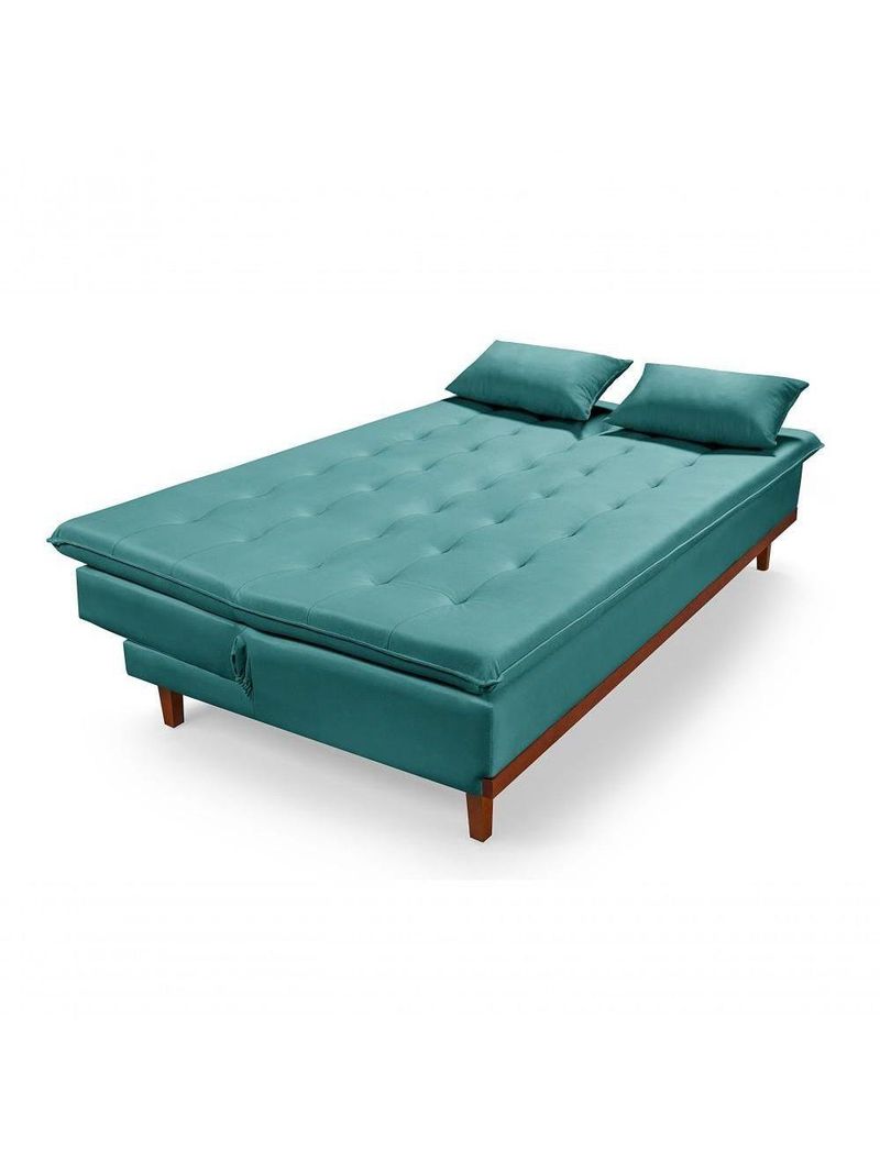 Sofá Cama Reclinável Santorini Veludo Confortável Base de Madeira Azul Turquesa 169