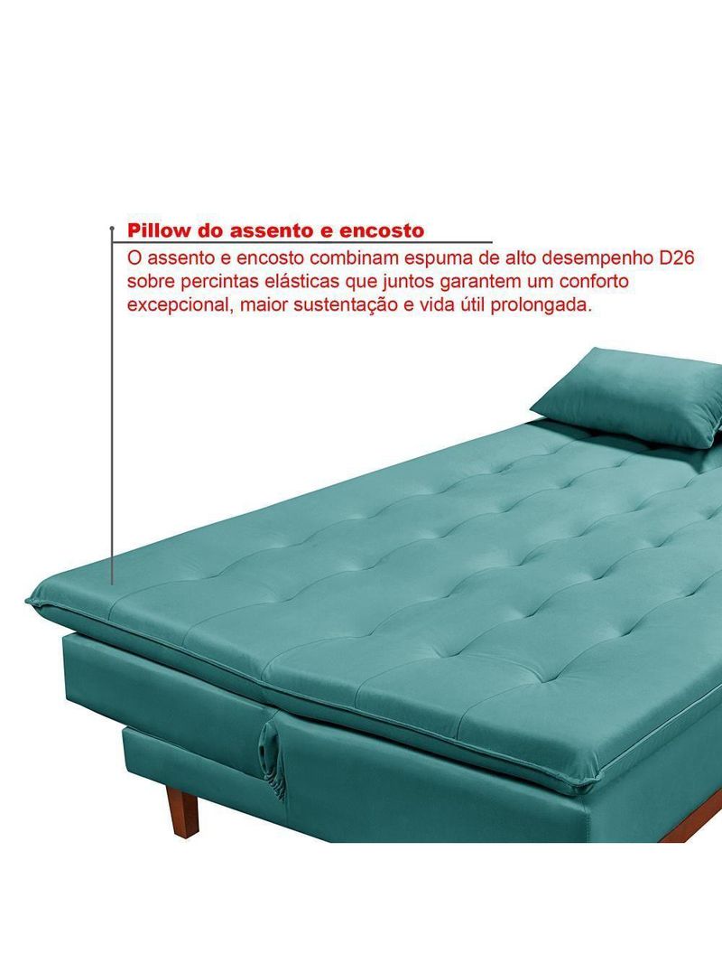 Sofá Cama Reclinável Santorini Veludo Confortável Base de Madeira Azul Turquesa 169