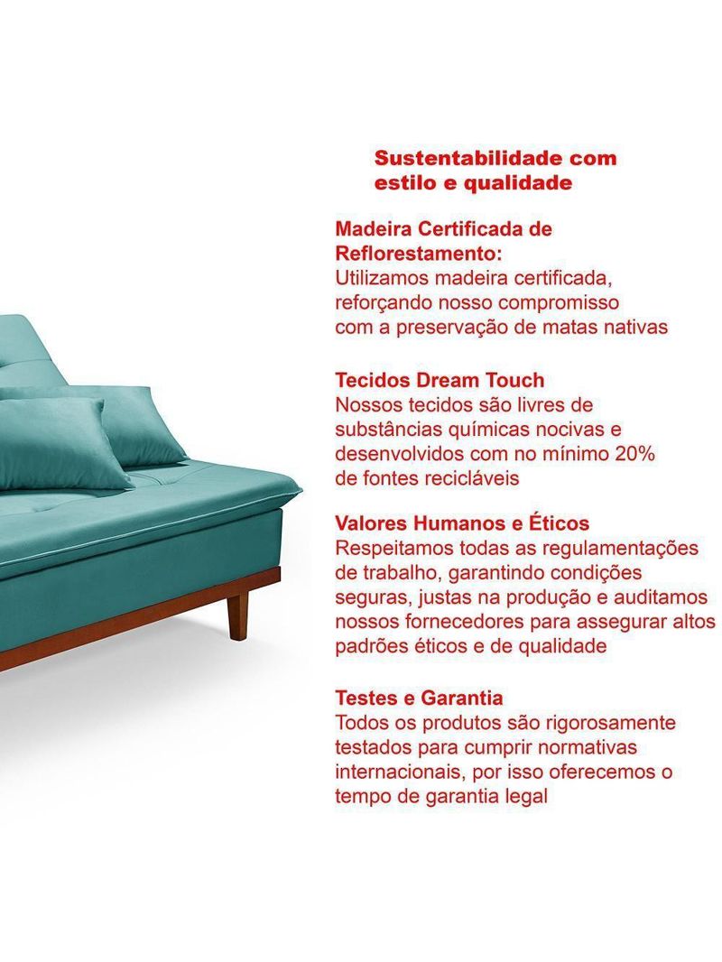 Sofá Cama Reclinável Santorini Veludo Confortável Base de Madeira Azul Turquesa 169