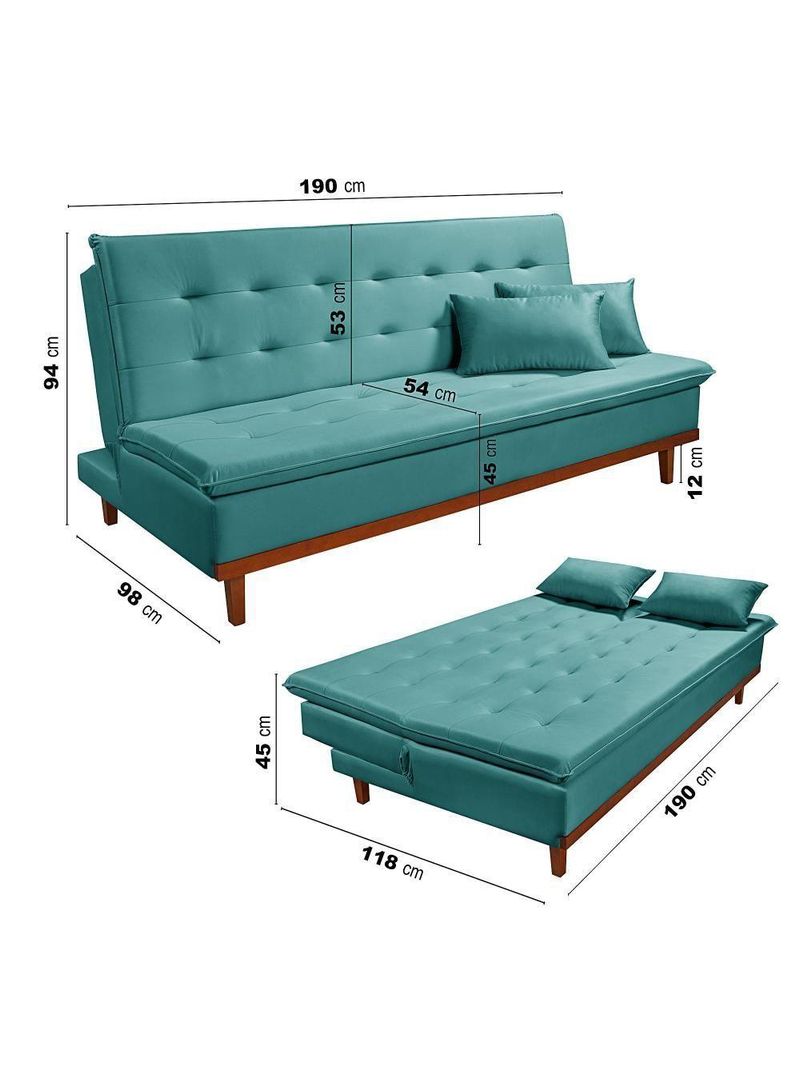 Sofá Cama Reclinável Santorini Veludo Confortável Base de Madeira Azul Turquesa 169