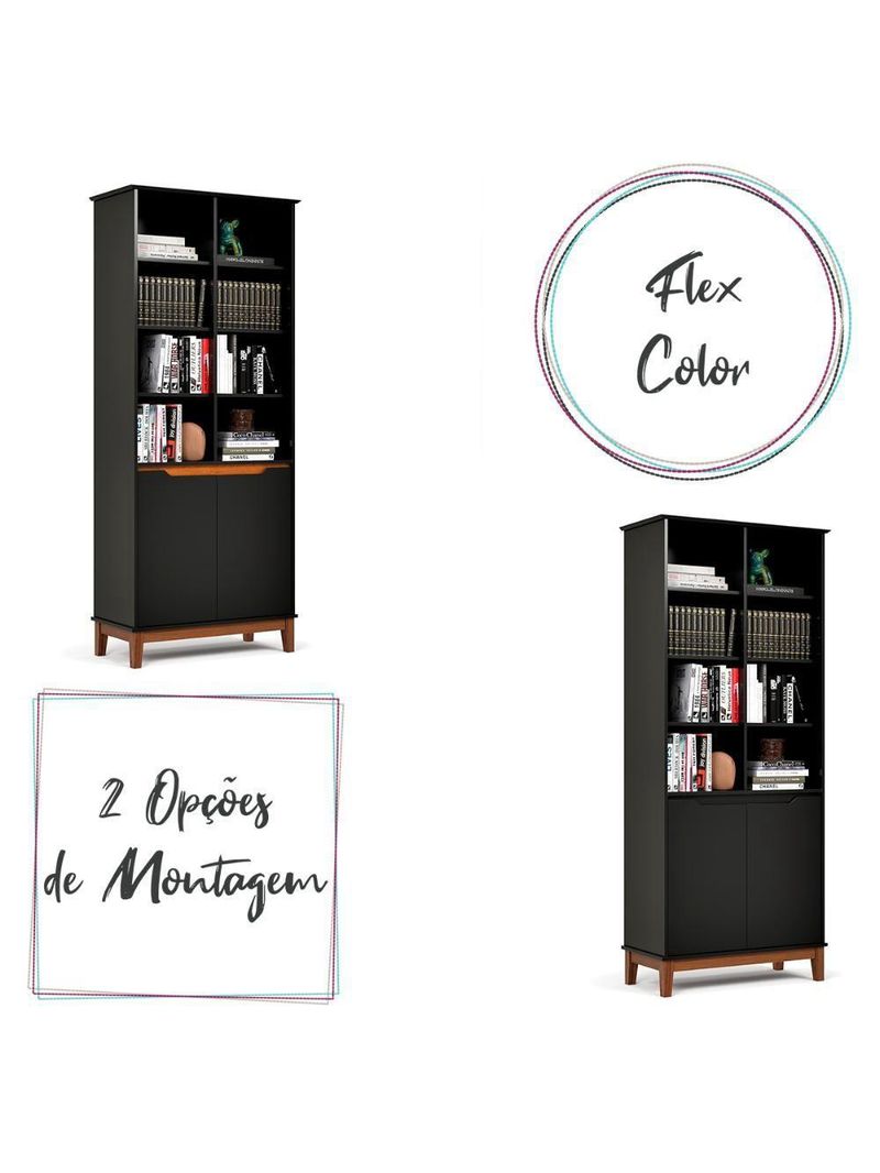 Livreiro Ej Flow 2 Portas 6 Prateleiras Com Pés Madeira Preto
