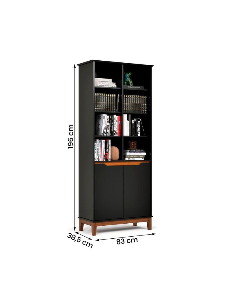 Livreiro Ej Flow 2 Portas 6 Prateleiras Com Pés Madeira Preto