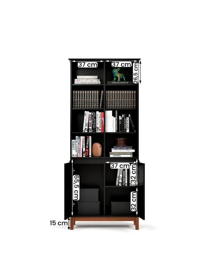 Livreiro Ej Flow 2 Portas 6 Prateleiras Com Pés Madeira Preto