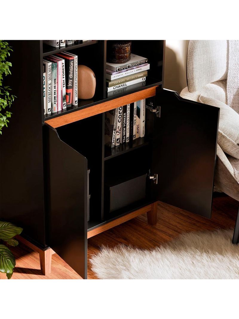 Livreiro Ej Flow 2 Portas 6 Prateleiras Com Pés Madeira Preto