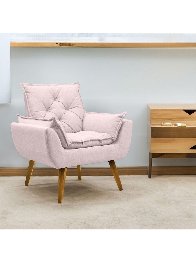 Poltrona Opala Conforto Aconchego Tecido Linho E Pés Palito Rosa