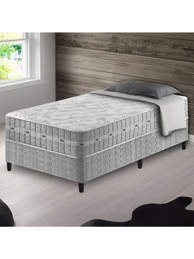 Conjunto Cama Box Solteiro Zidi Alabama 88x188 Mola Ensacada Cinza Solteiro