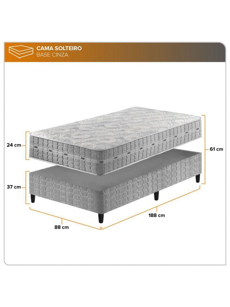 Conjunto Cama Box Solteiro Zidi Alabama 88x188 Mola Ensacada Cinza Solteiro