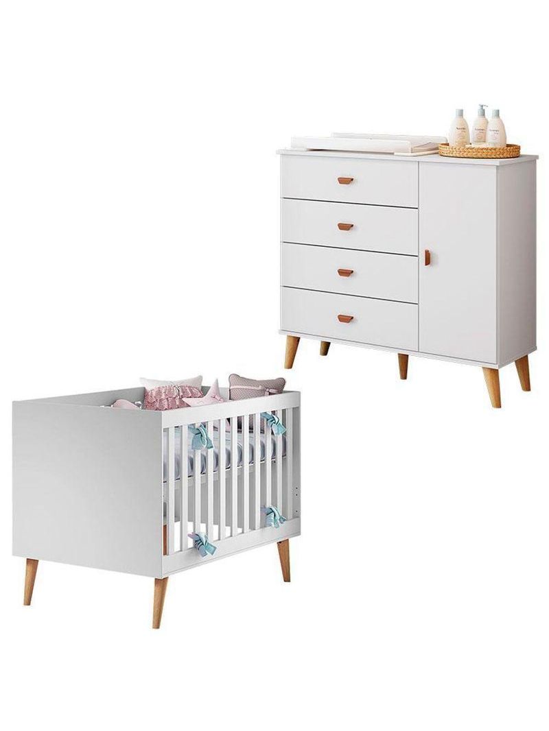 Berço Americano Ludmila Com Cômoda Infantil Duda Branco Acetinado Bétula - Carolina
