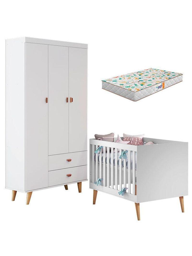 Berço Americano Ludmila E Guarda Roupa 3 Portas Duda Branco Acetinado Bétula Com Colchão Gazin - Carolina