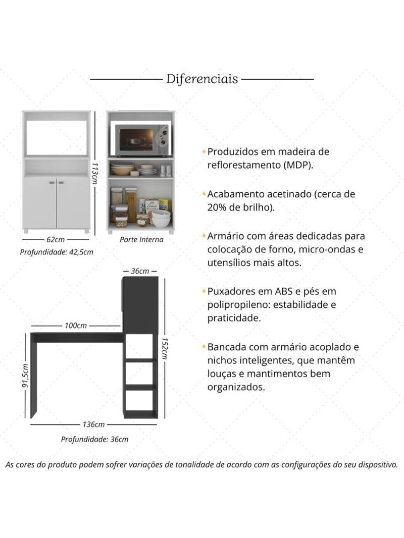 Balcão para Forno e Micro-ondas 2 Portas e Bancada com Armário Multimóveis MP2253 Branco/Preto