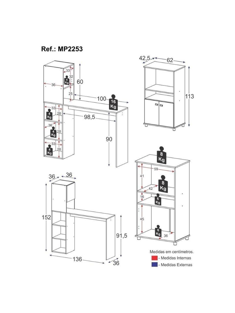 Balcão para Forno e Micro-ondas 2 Portas e Bancada com Armário Multimóveis MP2253 Branco/Preto