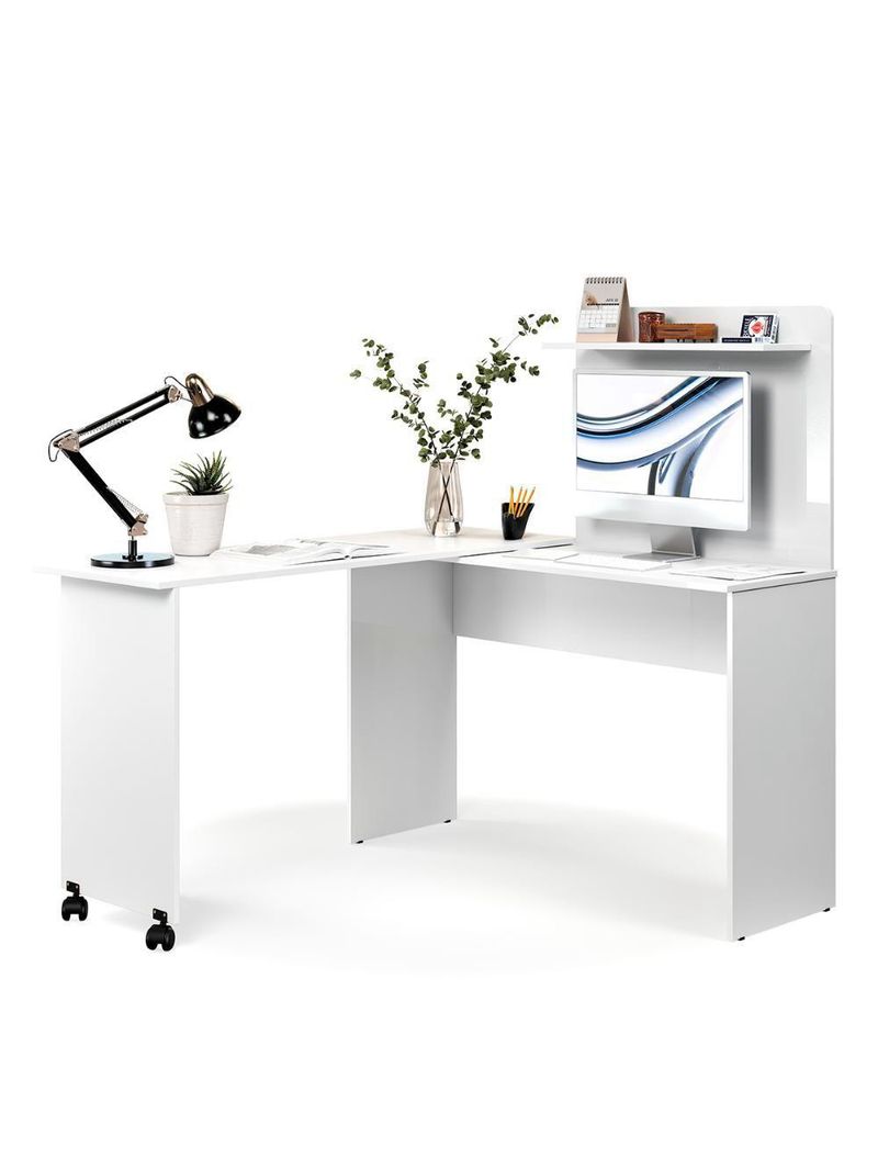 Escrivaninha Em L 2 Em 1 Com Rodízios E Prateleira Branco