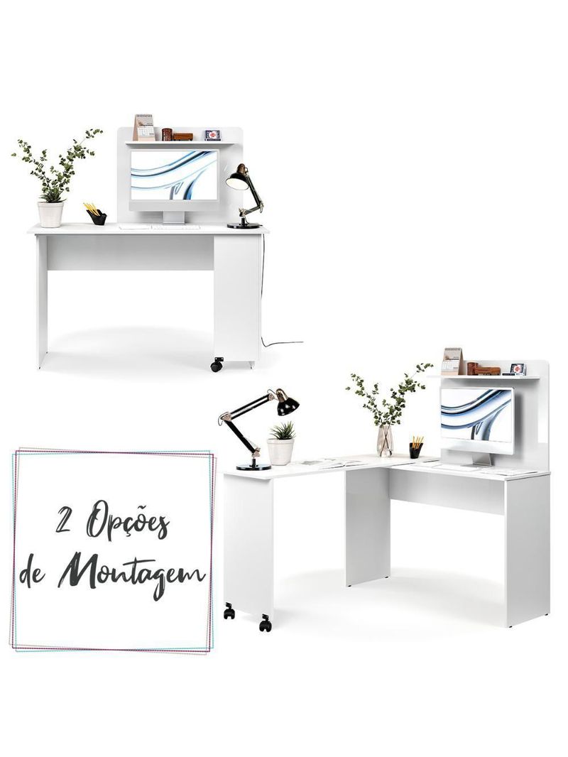 Escrivaninha Em L 2 Em 1 Com Rodízios E Prateleira Branco