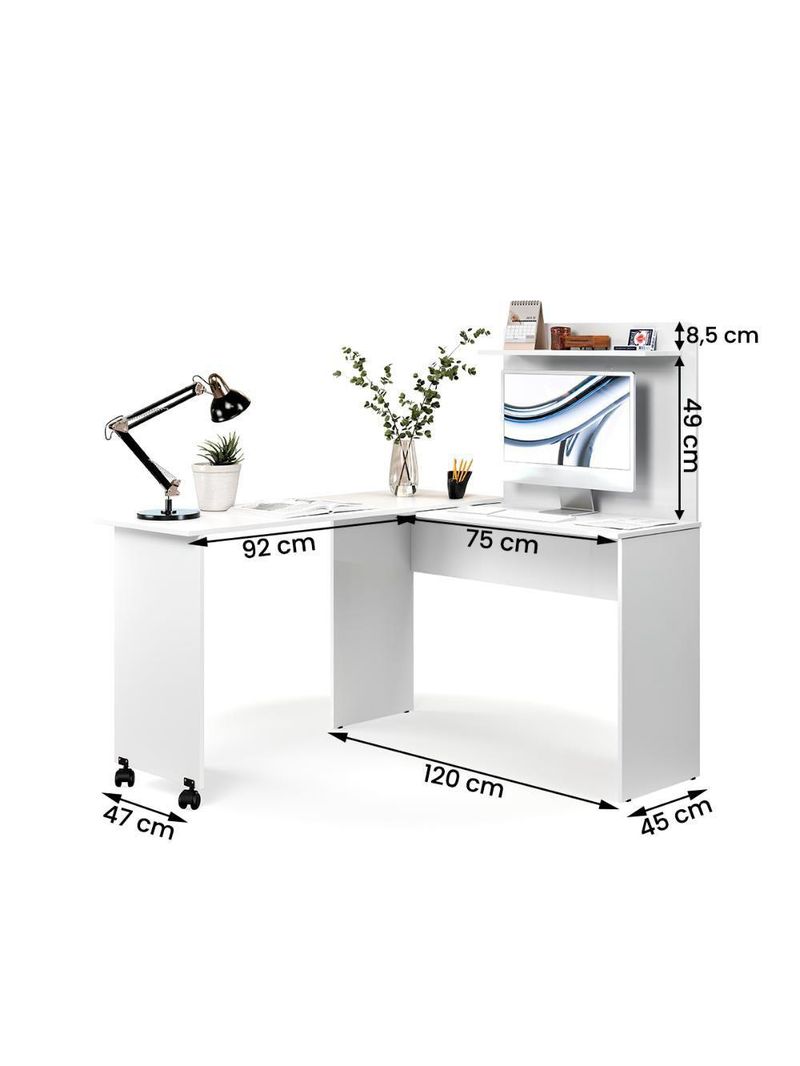Escrivaninha Em L 2 Em 1 Com Rodízios E Prateleira Branco