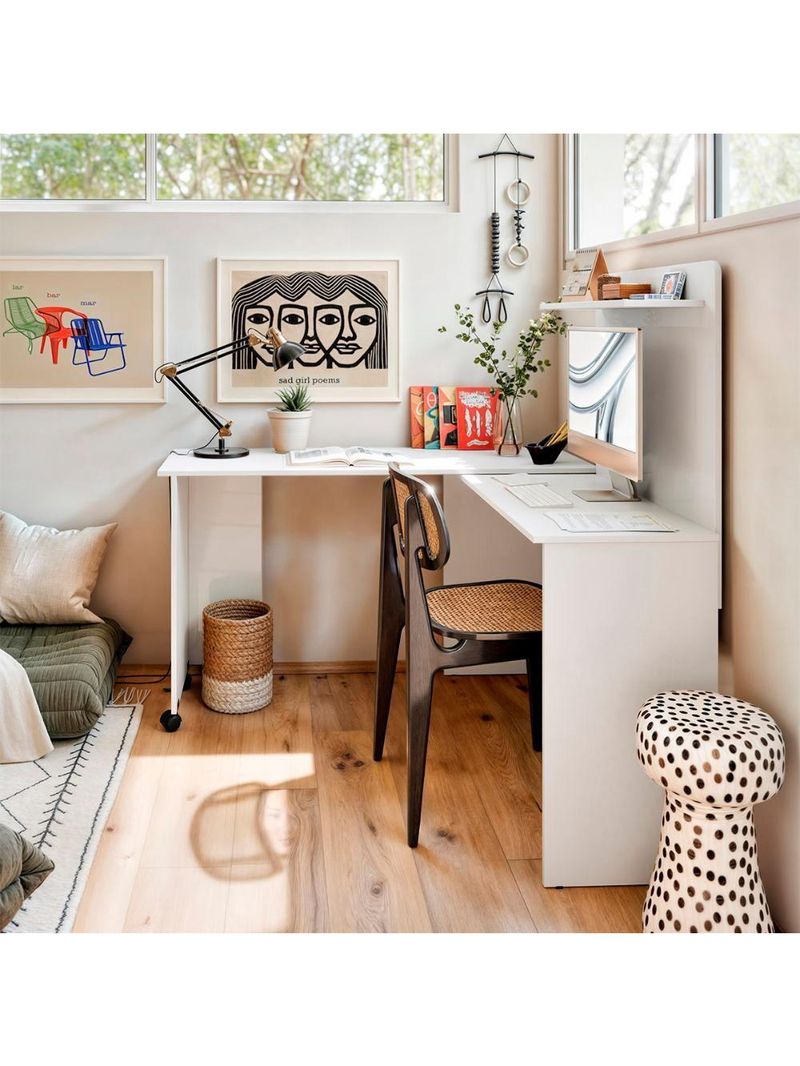 Escrivaninha Em L 2 Em 1 Com Rodízios E Prateleira Branco