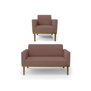 Sofá Namoradeira Com Poltrona Base De Madeira Fixa Castanho Marisa Veludo D03 - D?rossi Cor Rose