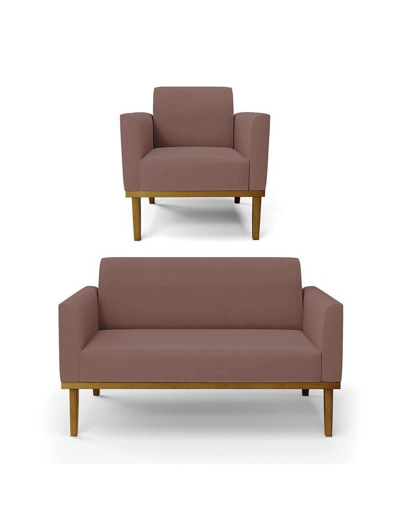 Sofá Namoradeira Com Poltrona Base De Madeira Fixa Castanho Marisa Veludo D03 - D?rossi Cor Rose
