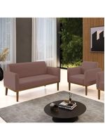 Sofá Namoradeira Com Poltrona Base De Madeira Fixa Castanho Marisa Veludo D03 - D?rossi Cor Rose