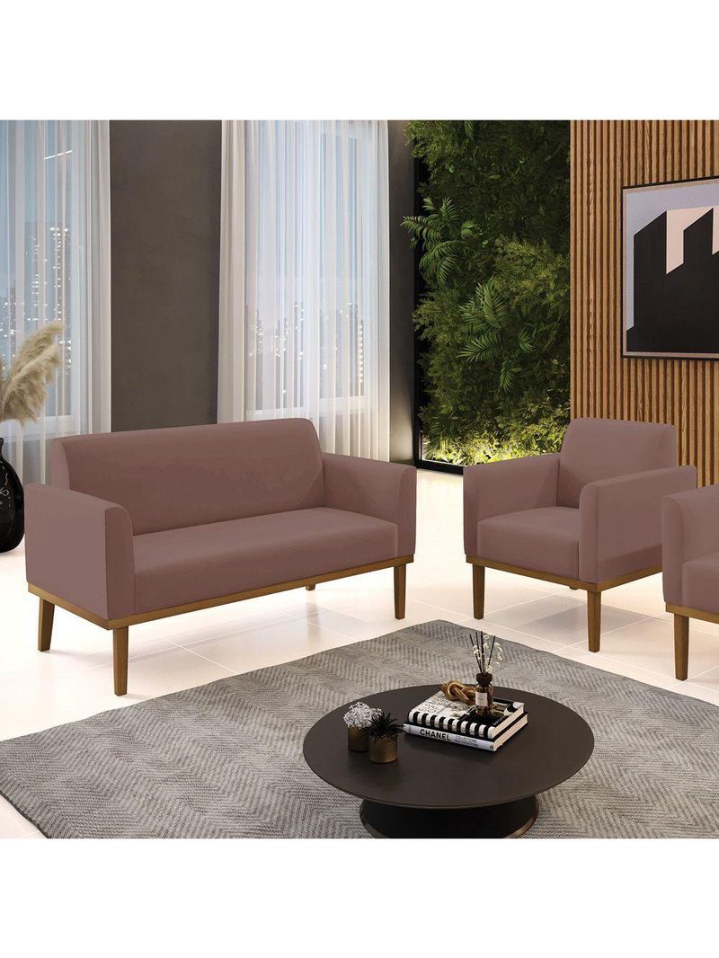 Sofá Namoradeira Com Poltrona Base De Madeira Fixa Castanho Marisa Veludo D03 - D?rossi Cor Rose